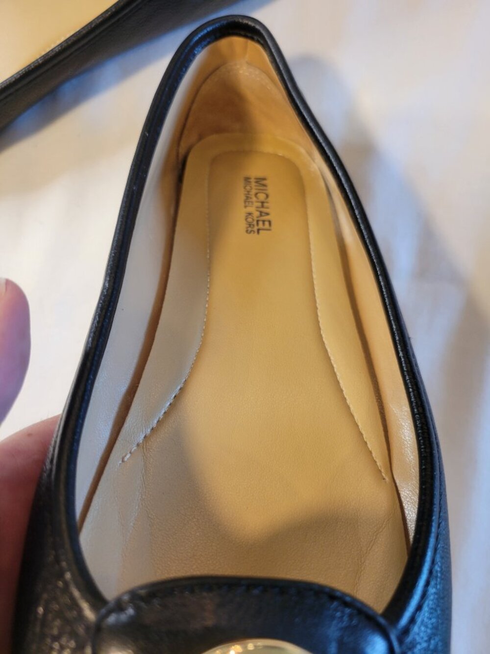 Michael Kors Black Leather Ballet Flats Gold MK Logo Loafers 7M - Picture 2 of 12